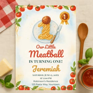 Meatball First Birthday Invite, Editable Italian Spaghetti Template, Cute Pasta Party Digital Invitation