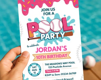 Baseball Birthday Pool Party Invitation – 5x7 Editable Water Slide Template, Digital