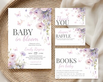 May include: Baby shower invitation set with floral and butterfly design. The invitation reads "Baby in Bloom" and includes details for Emily Rogers' shower. Includes "Thank You", "Diaper Raffle", and "Books for Baby" cards. The set is in soft pastel colors.