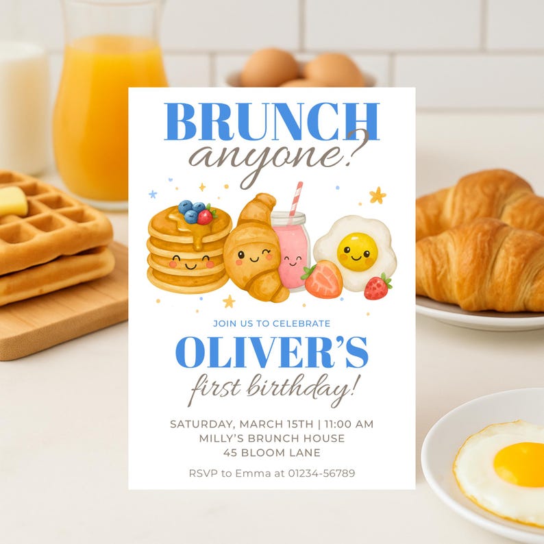 Close-up of editable text on brunch invitation template.
