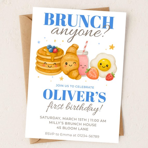 Brunch Anyone Boys First Birthday Invitation, Editable Digital Download, Fun Brunch Party Invite Template, Kids Breakfast Celebration