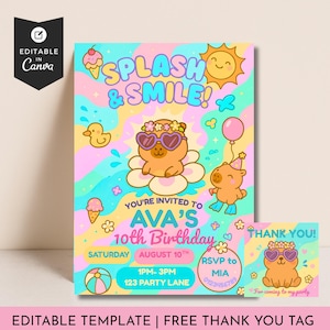 Capybara Birthday Invitation, Editable Pool Party Invite Template, Cute Summer Digital Invite for Kids