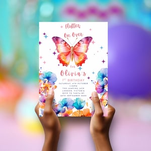 Butterfly Birthday Invitation: Editable Floral Girl&#39;s 1st Birthday (Digital Download Template 5x7 inches)