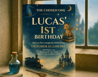 The Chosen One Birthday Invite, Magical Wizard 1st Birthday Invitation, Enchanted Party Invite for Kids