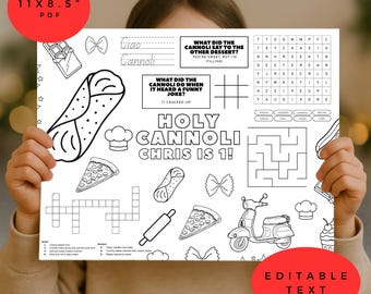 Heilige Cannoli-Aktivität-Tischset, benutzerdefinierte bearbeitbares italienisches Geburtstags-Malblatt, lustige Pizza-Kinderspiel, Partybevorzugung-Ideen
