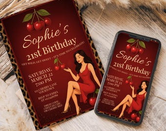 Cherry Cheetah Birthday Invite, Editable Digital Template, Leopard Print Design, Fun Party Invitation Download