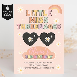 Little Miss Threenager Birthday Invite, Editable 3rd Birthday Girl Template, Colorful Digital Download Invitation, Printable