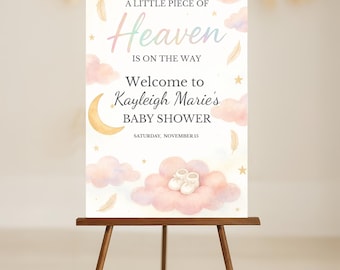 A Little Piece Of Heaven Welcome Sign, Dreamy Baby Shower Decor, Editable Cloud Theme Poster, Instant Download