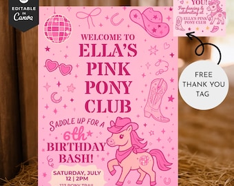 Pink Pony Club Birthday Invitation Template - Editable Digital Download for Girls Cowgirl Party Celebration