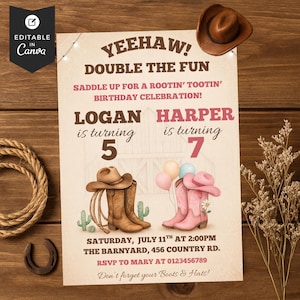 Peut inclure: Une invitation d'anniversaire sur le thème du western avec le texte "Yeehaw! Double le plaisir." L'invitation présente des illustrations de bottes de cowboy, de chapeaux et de cactus. L'invitation est pour une fête d'anniversaire.