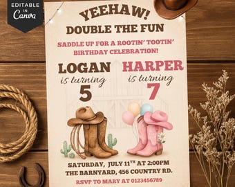 Sibling Birthday Invitation Western, Digital Cowboy Cowgirl Joint Birthday Invite, Editable Template, Instant Download