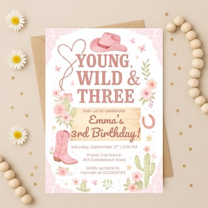 Rodeo Birthday Invitations for Three Year Old, Editable Cowgirl Theme Invite, Digital Template Download for Children&#39;s Party