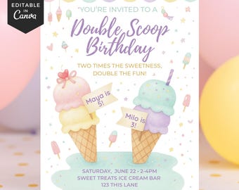 May include: A pastel-colored birthday invitation with the text "Double Scoop Birthday." Two ice cream cones are featured, one with pink and yellow scoops, the other with green and purple scoops. The invitation includes the names Maya and Milo, their ages, and party details.
