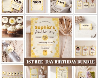 First Bee Day Birthday Bundle, Little Honey Editable 1st Birthday Invitation Pack, Bee Theme Decor, Printable Party Supplies