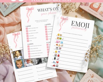 Pink Bow Baby Shower Games Bundle, Editable Printable Activities for Girls, Instant Download Fun Pack