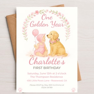 One Golden Year Birthday Invitation, Golden Retriever First Birthday Invite, Customizable Digital Template