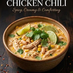 May include: A bowl of Cajun White Chicken Chili with lime wedges and cilantro. The creamy soup contains shredded chicken, white beans, and corn. The text on the image reads "Cajun White Chicken Chili Spicy, Creamy & Comforting."