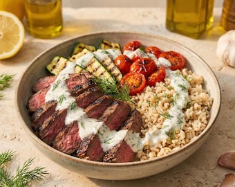 Przepis na miskę z grillowanym stekiem | Kremowy sos czosnkowo-ziołowy (pobierz plik PDF)