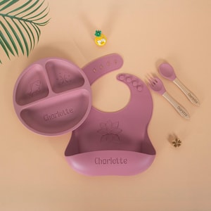 Personalized Silicone Baby Feeding Set – Engraved Plate, Bib, Fork & Spoon | Custom Baby Tableware Gift