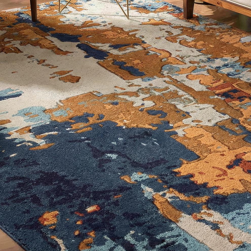 Ntu Rug Modern Abstract Blue and Rust Area Rug for Living Room and Bedroom ...