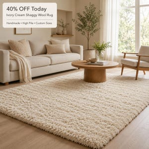 May include: An ivory cream shaggy wool rug with a high pile texture covering the floor. The rug features a thick, soft, and dense construction. Text in the image reads: 40% OFF Today, Ivory Cream Shaggy Wool Rug, Handmade, High Pile, Custom Sizes.