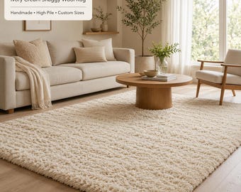 Alfombra de lana de pelo largo color crema marfil, alfombra mullida de pelo alto hecha a mano, alfombra acogedora para dormitorio o sala de estar, alfombra de área de tamaño personalizado