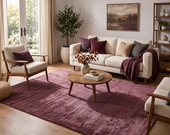 Burgundy Viscose Area Rug, Hand Tufted Modern Minimalist Rug for Living Room or Bedroom