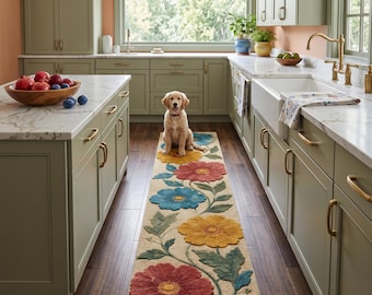 May include: A long rectangular runner rug featuring a cream-colored background with a repeating pattern of large, textured floral blooms in shades of red, orange, and blue, accented by green leaves and vines, centered on a dark wood kitchen floor.
