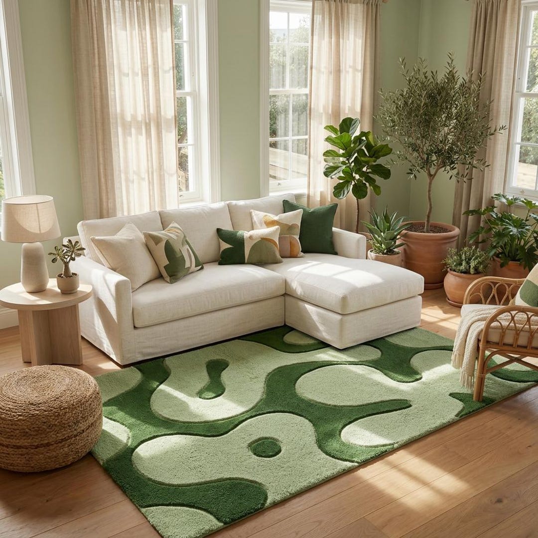 Modern Green Abstract Tufted Area Rug – Soft Contemporary Living Room ...