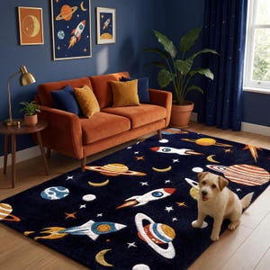 宇宙ロケットと惑星柄の子供用ラグ、銀河系デザインの子供部屋・プレイルーム用カーペット床材