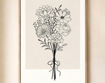 May include: A framed wall art print featuring a black line drawing of a bouquet of various flowers tied with a bow. The illustration is centered on a light beige rectangular background within a white border and a thin wooden frame.