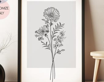 Up to 7 Flowers | Family Flower Bouquet Birth Month Flower Art | Botanical Line Art | Birth Flower Family Bouquet | Digital Download