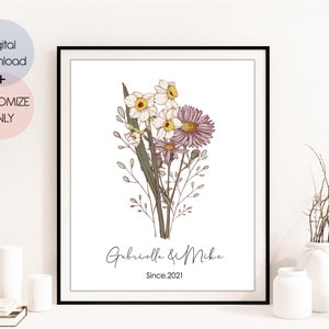 2 Flowers Birth Flower Bouquet Art Print | Personalized Wedding Gift | Couples Anniversary Keepsake | Valentine&#39;s Day Gift