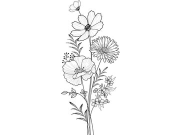 Up to 7 Flowers | Custom Birth Flower Tattoo Design | Personalized Floral Bouquet Tattoo | Birth month floral line art print | Digital PNG
