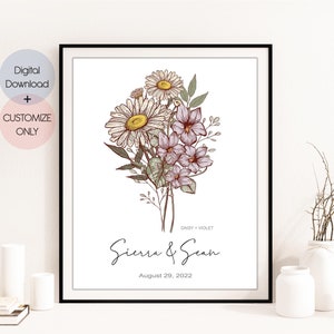 2 Flowers Birth Flower Bouquet Art Print | Personalized Wedding Gift | Couples Anniversary Keepsake |  Valentine&#39;s Day Gift
