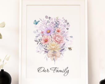 Birth Flower Family Bouquet, Up to 7 Flowers, Personalised Watercolour Birth Flower Print, Wall Art, Minimalist Home Decor(Unframed)