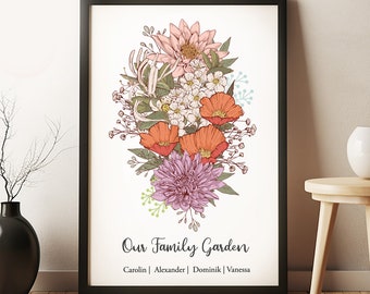 Family Flower Bouquet Birth Month Flower Art.CUSTOM Personalized Gift.Birth Flower Family Bouquet.Birth Flower Gift(Unframed)
