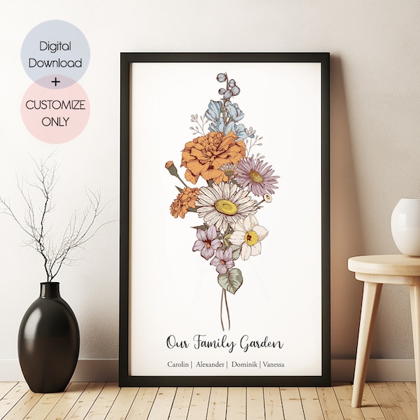 Ramo de flores familiar. Arte floral para el mes de nacimiento. Regalo personalizado. Ramo familiar de flores de nacimiento. Regalo de flores de nacimiento. Descarga digital.