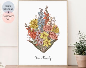 Ramo de flores familiar, arte floral del mes de nacimiento / Regalo personalizado / Ramo familiar de flores de nacimiento / Descarga digital