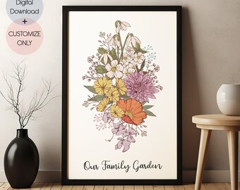 Family Flower Bouquet. Birth Month Flower Art. CUSTOM Personalized Gift. Birth Flower Family Bouquet. Birth Flower Gift. Digital Download