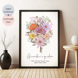 Birth Flower Family Bouquet, Birthday Gift, Minimalist Home Decor, Personalised gift, Birth Month Flower Art, Digital Download