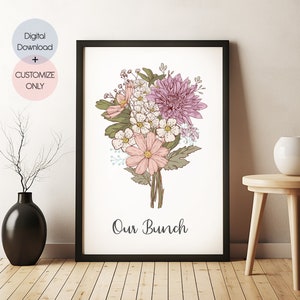 Birth Flower Family Bouquet, Birthday Gift, Minimalist Home Decor, Personalised gift, Birth Month Flower Art, Digital Download