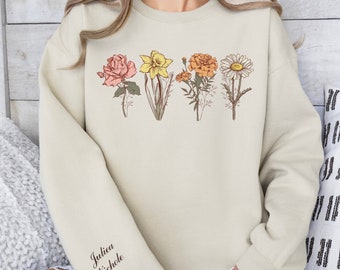 Felpa personalizzata con fiori del mese di nascita, maglione con fiori di nascita, maglietta con fiori di nascita, giardino della nonna, regalo personalizzato per la mamma, regalo per la nonna