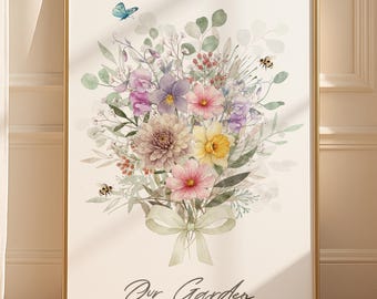 Up to 7 Flowers, Personalized Birth Month Flower Bouquet, Watercolor Family Art Print(Unframed)