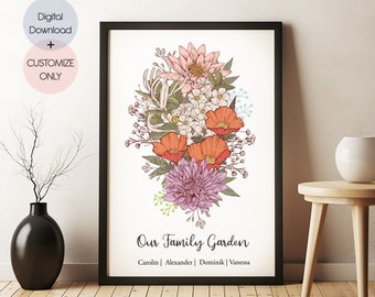 May include: A printable art print with a floral bouquet of pink, orange, and white flowers. The text "Our Family Garden" is below the flowers, with the names "Carolin | Alexander | Dominik | Vanessa" listed underneath.