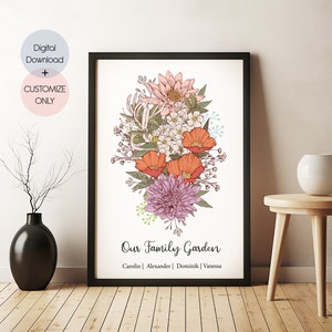 Birth Flower Family Bouquet, Birthday Gift, Minimalist Home Decor, Personalised Gift, Birth Flower Art, Digital Download, Mothers Day Gift