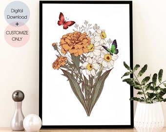 Flower Bouquet Birth Month Flower Art|CUSTOM Personalized Gift|Birth Flower Family Bouquet Engagement Gifts| Wedding Gift