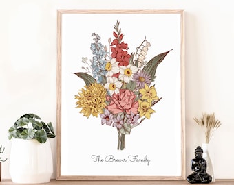 May include: A framed floral art print featuring a colorful bouquet of flowers in shades of yellow, red, pink, blue, and purple. The text "The Brewer Family" is printed at the bottom of the image. The artwork is displayed on a wooden shelf.
