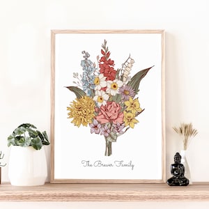 Family Flower Bouquet Birth Month Flower Art.CUSTOM Personalized Gift.Birth Flower Family Bouquet.Birth Flower Gift(Unframed)