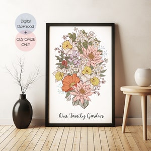 Birth Flower Family Bouquet, Birthday Gift, Minimalist Home Decor, Personalised gift, Birth Month Flower Art, Digital Download